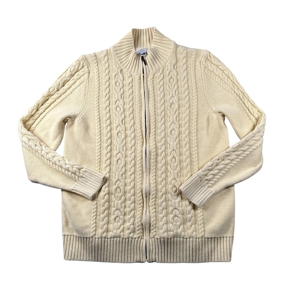 L.L. Bean Sweaters - LL Bean Cardigan Sweater Womens XL Yellow Double L Cable Knit Full Zip Fisherman